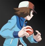  1boy baseball_cap belt_buckle black_shirt blue_jacket brown_eyes brown_hair buckle closed_mouth commentary_request frown hat hilbert_(pokemon) holding holding_poke_ball jacket long_sleeves male_focus poke_ball poke_ball_(basic) poke_ball_symbol pokemon pokemon_(game) pokemon_bw shirt short_hair solo toshiharu_(s_narutoshi) upper_body zipper_pull_tab 