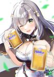  1girl absurdres alcohol apron bangs beer beer_mug black_bow black_bowtie blue_sky blurry blurry_background blush bow bowtie breasts cleavage commentary_request cup detached_collar dirndl eyebrows_visible_through_hair falling_leaves flower foam german_clothes green_eyes hair_flower hair_ornament highres holding holding_cup hololive large_breasts leaf long_hair looking_at_viewer mug official_alternate_costume one_eye_closed open_mouth shinomiya_shino_(sinosino141) shirogane_noel shirt signature silver_hair sky smile solo thighhighs upper_body virtual_youtuber waist_apron white_apron white_shirt 