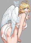  1girl agawa_ryou angel_wings ass back bangs bare_shoulders blonde_hair blue_eyes breasts clenched_hand commentary dress english_commentary eyebrows_visible_through_hair grey_background halo halterneck index_finger_raised large_breasts leaning_forward open_mouth original pelvic_curtain revealing_clothes sideboob thick_thighs thighs white_dress wings 