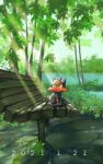  absurdres bench bird closed_mouth commentary_request dated day fletchling highres leaf light_rays litten looking_up no_humans outdoors pokemon pokemon_(creature) red_eyes shank sitting 