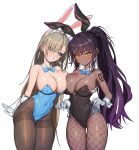  2girls absurdres areolae ass_visible_through_thighs asuna_(blue_archive) asymmetrical_docking bangs bare_shoulders blue_archive blue_bow blue_bowtie blue_eyes bow bowtie breast_grab breast_press breasts brown_hair brown_legwear cleavage clenched_teeth commentary covered_navel dark-skinned_female dark_skin detached_collar earrings eyebrows_visible_through_hair eyes_visible_through_hair fishnet_legwear fishnets gloves grabbing hair_over_one_eye hellk111 highres jewelry karin_(blue_archive) large_breasts long_hair looking_at_another mole mole_on_breast multiple_girls pantyhose playboy_bunny ponytail purple_hair simple_background smile teeth thigh_gap thighs white_background white_gloves yellow_eyes yuri 