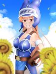  1girl armlet armor blue_armor breasts brown_eyes brown_gloves brown_hair cleavage cloud daisy_(dq) dragon_quest dragon_quest_yuusha_abel_densetsu fake_horns flower gloves helmet highres horned_helmet horns island_lagoon long_hair looking_at_viewer smile solo sunflower 