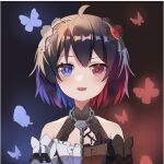  1girl :d absurdres ahoge bangs bare_shoulders black_dress blue_butterfly blue_eyes blue_hair bug butterfly center_frills chain chinese_commentary commentary_request dress dual_persona frilled_dress frills hair_between_eyes hair_ornament heterochromia highres honkai_(series) honkai_impact_3rd huiyuanaideknight looking_at_viewer off-shoulder_dress off_shoulder open_mouth red_butterfly red_eyes red_hair seele_(alter_ego) seele_vollerei seele_vollerei_(stygian_nymph) short_hair smile solo split_screen split_theme straight-on white_dress 