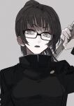  1girl black_hair black_jacket commentary ebanoniwa fingernails glasses grey_background grey_eyes highres holding jacket jujutsu_kaisen looking_at_viewer open_mouth ponytail semi-rimless_eyewear simple_background solo under-rim_eyewear upper_body zen&#039;in_maki 