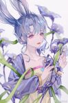  1girl blurry chinese_clothes flower hair_between_eyes hair_ornament hanfu highres hongmao_and_lantu lantu long_sleeves looking_to_the_side mailajihe original purple_eyes purple_flower purple_theme sidelocks solo white_background 