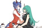  2girls arknights armor baiwei_er_hao_ji bead_bracelet beads black_shirt black_shorts blue_hair bracelet ch&#039;en_(ageless_afterglow)_(arknights) ch&#039;en_(arknights) china_dress chinese_clothes commentary_request double_bun dragon_girl dragon_horns dragon_tail dress eye_contact eyelashes green_hair hand_on_another&#039;s_cheek hand_on_another&#039;s_face hands_on_another&#039;s_thighs horns hoshiguma_(arknights) jewelry long_hair looking_at_another multiple_girls official_alternate_costume oni oni_horns red_dress red_eyes shirt shorts sidelocks simple_background single_horn sitting sleeveless sleeveless_dress tail thigh_strap weibo_username white_background yellow_eyes yuri 