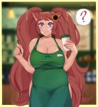  1girl :3 ? absurdres animal_ear_fluff animal_ears apron bangs bare_shoulders barista blurry blurry_background border breasts cafe cat_ears character_name cleavage closed_mouth collarbone cowboy_shot cup disposable_cup eyebrows_visible_through_hair flower green_apron hair_flower hair_ornament hairband highres holding holding_cup holding_pen iced_latte_with_breast_milk_(meme) large_breasts long_hair looking_at_viewer meme naked_apron name_tag original outside_border pen pink_eyes plump red_hair self_upload solo speech_bubble spoken_question_mark spooky-dollie tail tan thick_eyebrows thick_thighs thighs twintails very_long_hair vitiligo yellow_border 