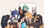  4girls animal_ears arknights beige_background black_gloves black_jacket blonde_hair blue_hair blush bottle ch&#039;en_(arknights) chair closed_eyes closed_mouth collared_shirt dated dragon_horns feeding food food_in_mouth gloves green_hair hand_on_another&#039;s_arm highres holding holding_bottle holding_food horns hoshiguma_(arknights) jacket jacket_removed kettle lin_yuhsia_(arknights) long_hair long_sleeves looking_at_another mouse_ears multiple_girls necktie oni_horns open_mouth pink_hair purple_eyes scar scar_on_face shirt short_sleeves simple_background single_horn sitting smile swire_(arknights) symbol-only_commentary table tiger_ears trembling twintails vento white_shirt yellow_necktie 