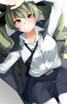  1girl absurdres anchovy_(girls_und_panzer) apple_(ygbhjdbiulsg) arm_above_head black_cape black_necktie black_ribbon blush brown_eyes cape collarbone commentary_request drill_hair dutch_angle girls_und_panzer green_hair grin hair_between_eyes hair_ribbon highres looking_at_viewer loose_necktie necktie pantyhose ribbon shirt smile solo twin_drills twintails white_legwear white_shirt 