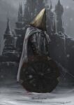  1boy alfred_(bloodborne) artist_name blood blood_on_clothes bloodborne cape castle cloak commentary copyright_name full_body gloves gun helmet highres holding holding_weapon logarius_wheel male_focus snow solo standing tripdancer weapon 