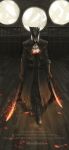  1girl ascot blood bloodborne boots coat copyright_name dual_wielding english_text flaming_sword flaming_weapon full_body gloves hat hat_feather highres holding holding_sword holding_weapon indoors lady_maria_of_the_astral_clocktower rakuyo_(bloodborne) silver_hair solo sword the_old_hunters tricorne tripdancer weapon 