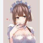 1girl absurdres akky_(akimi1127) bangs breasts brown_background brown_hair cleavage closed_mouth commentary_request dress eyebrows_visible_through_hair grey_background grey_eyes hand_up heart highres looking_at_viewer maid medium_breasts official_art original puffy_short_sleeves puffy_sleeves short_sleeves solo two-tone_background upper_body white_dress 