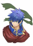  1boy absurdres blue_hair cape closed_mouth cropped_shoulders fire_emblem fire_emblem:_path_of_radiance green_eyes green_headband headband highres ike_(fire_emblem) looking_to_the_side male_focus portrait red_cape rx_hts simple_background solo spiked_hair white_background 