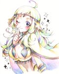  1girl ahoge bangs blonde_hair bodystocking breasts cape circlet closed_mouth colored_pencil_(medium) covered_navel fire_emblem fire_emblem_fates grey_eyes long_hair looking_at_viewer medium_breasts one_eye_closed ophelia_(fire_emblem) ruku_(ruku_5050) smile traditional_media white_background 