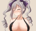  1girl areola_slip areolae bare_shoulders black_swimsuit blush bow breasts breasts_apart closed_eyes closed_mouth collarbone commentary_request drill_hair embarrassed hair_between_eyes hair_bow idolmaster idolmaster_cinderella_girls kanzaki_ranko large_breasts long_hair purple_bow solo swimsuit twin_drills twintails uesugi_shingo_(gurasan_buutsu) upper_body wavy_mouth 