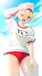  1girl ahoge bangs blonde_hair blue_sky blush braid breasts buruma fate/extra fate/grand_order fate_(series) french_braid green_eyes gym_shirt hair_bun hair_intakes hair_ribbon highres ichio large_breasts long_hair looking_at_viewer name_tag nero_claudius_(fate) nero_claudius_(olympian_bloomers)_(fate) one_eye_closed open_mouth red_buruma red_ribbon ribbon shirt short_sleeves sky smile solo sweat thighs white_shirt 