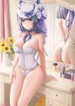  1girl aqua_eyes ass azur_lane bangs bare_arms bare_shoulders blush breasts cheshire_(azur_lane) cheshire_(the_cat_and_the_white_steed)_(azur_lane) closed_mouth collarbone corset eyebrows_visible_through_hair hat highres indoors large_breasts looking_at_viewer medium_hair mirror official_alternate_costume panties purple_hair smile solo thighs underwear wei_xiao white_corset white_headwear white_panties 