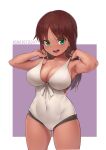  1girl :d absurdres alice_gear_aegis aomoro armpits bangs bare_arms blush breasts brown_hair cleavage commentary covered_navel cowboy_shot dark-skinned_female dark_skin dated dated_commentary green_eyes highres holding_strap kaneshiya_sitara large_breasts leotard long_hair looking_at_viewer open_mouth signature simple_background smile solo standing teeth upper_teeth white_leotard 