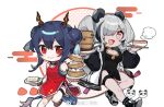  2girls :d animal_ears ankleband arknights baiwei_er_hao_ji bamboo_steamer baozi black_dress black_footwear black_hair black_shorts black_sleeves blue_hair breasts brown_footwear ch&#039;en_(ageless_afterglow)_(arknights) ch&#039;en_(arknights) chibi china_dress chinese_clothes chinese_commentary cleavage cleavage_cutout clothing_cutout commentary_request double_bun dragon_girl dragon_horns dragon_tail dress egasumi fang feater_(arknights) food grey_hair hair_between_eyes hair_over_one_eye holding holding_plate horns infection_monitor_(arknights) jacket large_breasts leg_up long_hair looking_at_viewer multicolored_hair multiple_girls official_alternate_costume open_mouth panda panda_ears plate red_dress red_eyes shorts sidelocks simple_background skin_fang smile streaked_hair tail thick_eyebrows thigh_strap weibo_username white_background white_jacket 