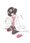  1girl absurdres bangs black_hair black_legwear black_shorts blunt_bangs closed_mouth coat coke-bottle_glasses commentary eyewear_on_head full_body glasses highres holding labcoat necktie pink_eyes pink_footwear pink_necktie pink_shirt rx_hts senki_zesshou_symphogear senki_zesshou_symphogear_xd_unlimited shirt short_hair shorts simple_background sitting sleeves_past_fingers sleeves_past_wrists slippers solo thighhighs tsukuyomi_shirabe tsukuyomi_shirabe_(another) white_background white_coat 