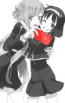  2girls asuna_(sao) bangs blush cellphone eyebrows_visible_through_hair hairband holding holding_phone hozumi_ayaka hug iphone konno_yuuki_(sao) long_hair monochrome multiple_girls one_eye_closed open_mouth phone school_uniform selfie short_hair skirt smartphone spot_color sword_art_online teeth upper_teeth 