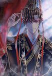  1boy artist_name black_hair blurry chain chinese_clothes crown_hair_ornament curtains hair_ornament highres long_sleeves longpao looking_at_viewer mc_macchi mian_guan original short_hair smile transparent upper_body 