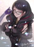  1girl bayonetta bayonetta_(series) bayonetta_3 black_hair blue_eyes braid clothing_cutout earrings eyeshadow glasses gloves jewelry lipstick long_hair looking_at_viewer makeup mole mole_under_mouth multicolored_hair red_hair ribbon simple_background smile solo streaked_hair twin_braids ura_illust weapon 