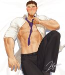  1boy abs adjusting_clothes adjusting_necktie bara bare_pectorals black_pants blush brown_hair bulge facial_hair feet_out_of_frame goatee jin_(sirius-j) large_pectorals leg_up loose_necktie lying male_focus mature_male muscular muscular_male navel navel_hair necktie nipples on_back open_clothes open_shirt pants pectorals salaryman senpai_ga_uzai_kouhai_no_hanashi short_hair sideburns sleeves_rolled_up solo stomach stubble takeda_harumi_(shiromanta) thick_thighs thighs 