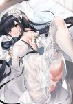  1girl absurdres ann_(ann58533111) ass azur_lane black_hair breasts cross elbow_gloves flower gloves hair_flower hair_ornament highres iron_cross large_breasts lingerie long_hair looking_at_viewer lying m_legs negligee official_alternate_costume on_side panties peter_strasser_(a_moment_frozen_in_pure_white)_(azur_lane) peter_strasser_(azur_lane) pillow purple_eyes rose see-through_dress solo spread_legs underwear very_long_hair white_flower white_gloves white_legwear white_negligee white_panties white_rose 