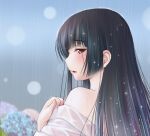  1girl black_hair blush embarrassed enma_ai fingernails flower from_behind highres hydrangea japanese_clothes jigoku_shoujo kimono kozue_akari long_hair looking_at_viewer looking_back outdoors parted_lips profile rain red_eyes sideways_glance sideways_mouth solo undressing upper_body wet wet_hair white_kimono 