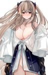  1girl anchorage_(azur_lane) areola_slip areolae azur_lane bangs bare_shoulders blush breasts cleavage closed_mouth collarbone cowboy_shot crossed_bangs eyebrows_visible_through_hair hair_ornament hands_up highres large_breasts light_brown_hair long_hair long_sleeves looking_at_viewer no_panties off_shoulder open_clothes red_eyes shibaebi_(yasaip_game) simple_background sleeves_past_fingers sleeves_past_wrists solo standing white_background 