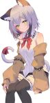  1girl absurdres animal_ear_fluff animal_ears bare_shoulders belt black_belt black_legwear brown_sleeves cat_ears cat_girl cat_tail closed_mouth commentary_request detached_sleeves highres jun_(aousa0328) light_smile looking_at_viewer original red_neckwear red_ribbon ribbon shirt short_hair silver_hair simple_background sleeveless sleeveless_shirt solo tail tail_ornament tail_ribbon thighhighs white_background white_shirt yellow_eyes 