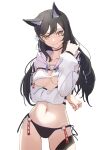  1girl absurdres animal_ear_fluff animal_ears ass_visible_through_thighs atago_(azur_lane) azur_lane bikini black_choker black_hair breasts choker closed_mouth collarbone commission hair_between_eyes hair_ornament hair_ribbon hand_up highres looking_at_viewer medium_breasts midriff navel o-ring o-ring_bottom ribbon simple_background smile solo swimsuit thigh_strap thighs underboob upmocks white_background white_ribbon wolf_ears wolf_girl yellow_eyes 