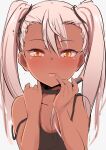  1girl bangs black_choker black_shirt blush camisole chloe_von_einzbern choker commentary_request cosmetics eyebrows_visible_through_hair fate_(series) finger_to_mouth hands_up highres hiroyuki_koto lipstick lipstick_tube long_hair looking_at_viewer makeup off_shoulder orange_eyes pink_hair pink_lips seductive_smile shirt simple_background smile solo tan tied_hair twintails upper_body white_background yellow_eyes 