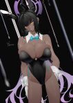  1girl animal_ears black_hair black_leotard blue_archive blue_bow blue_bowtie bow bowtie breast_press breasts cleavage collar dark-skinned_female dark_skin dripping earrings gloves halo hand_on_hip highres jewelry karin_(blue_archive) large_breasts lemoneko leotard looking_at_viewer playboy_bunny rabbit_ears skindentation wet white_gloves yellow_eyes 