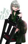  1girl absurdres black_choker black_gloves black_legwear character_name choker closed_mouth coat eyebrows_visible_through_hair feet_out_of_frame fingerless_gloves girls&#039;_frontline gloves green_eyes grey_hair highres js05_(girls&#039;_frontline) looking_at_viewer medium_hair ohc. smile solo thighhighs white_background 