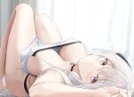  1girl bangs blush breasts camisole choker closed_mouth commentary covered_nipples curtains downblouse expressionless eyebrows_visible_through_hair girls&#039;_frontline highres kar98k_(girls&#039;_frontline) keenh knees_up large_breasts legs legs_together light_blush long_hair looking_at_viewer lying no_pants on_back pendant_choker pink_eyes solo spaghetti_strap thighs white_camisole white_hair 