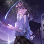  1girl bangs blush brown_eyes brown_hair brown_skirt building hand_up highres holding holding_phone long_hair looking_at_viewer mountain night night_sky original outdoors parted_lips phone plaid plaid_skirt sakamuke shirt shooting_star short_sleeves skirt sky solo standing star_(sky) starry_sky tree white_shirt 