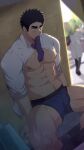  1boy abs bara bare_pectorals blue_male_underwear blush boxer_briefs bulge clothes_lift clothes_pull collared_shirt edging_underwear erection erection_under_clothes facial_hair feet_out_of_frame goatee highres igarashi_futaba_(shiromanta) large_pectorals long_sideburns male_focus male_underwear mature_male mazjojo muscular muscular_male navel necktie necktie_in_mouth nipples pants pants_pull pectorals purple_necktie reward_available salaryman senpai_ga_uzai_kouhai_no_hanashi shirt shirt_lift short_hair sideburns solo_focus stomach takeda_harumi_(shiromanta) thick_thighs thighs underpec underwear white_shirt 