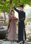  1boy 1girl bangs basket bird book changpao chinese_clothes couple dress duck flower food from_side fruit full_body grapes hanfu highres jade_pendant jar light_rays loli_bushi long_hair long_sleeves looking_up open_mouth original outdoors pink_dress profile smile standing sunbeam sunlight tassel 