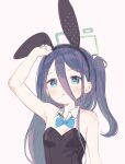  1girl :o animal_ear_headwear animal_ears arisu_(blue_archive) armpits bare_shoulders blue_archive blue_eyes blush bow bowtie breasts dark_blue_hair detached_collar fake_animal_ears halo hand_up highres long_hair nprmtp open_mouth playboy_bunny rabbit_ears side_ponytail simple_background small_breasts solo white_background 