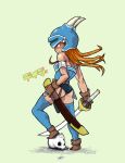  1girl armlet ass belt black_panties blue_armor brown_eyes brown_gloves brown_hair closed_mouth daisy_(dq) dragon_quest dragon_quest_yuusha_abel_densetsu eyebros fake_horns gloves helmet horned_helmet horns long_hair panties simple_background skull solo sword thighhighs underwear weapon 