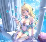  1girl :d bangs blonde_hair blue_eyes blue_skirt blue_wings book book_stack braid breasts bug butterfly castle cleavage commentary_request covered_navel crown crystal eyebrows_visible_through_hair fairy_wings gloves highres long_hair medium_breasts mini_crown original pleated_skirt pointy_ears shirt skirt smile solo thighhighs tower transparent_wings very_long_hair white_gloves white_legwear white_shirt wings yuyuko_(yuyucocco) 