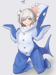  1girl absurdres ahoge animal_costume asashimo_(kancolle) commentary_request dated full_body grey_background grey_eyes hair_over_one_eye highres kantai_collection kneeling long_hair maru_(marg0613) ponytail shark_costume sharp_teeth silver_hair simple_background solo teeth twitter_username 