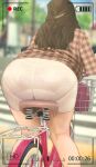  1girl ass bag bicycle bicycle_basket blurry blurry_background brown_hair day depth_of_field flannel from_behind ground_vehicle highres kneepits long_hair original outdoors panties pantylines plaid recording riding_bicycle ryokucha_michi see-through underwear viewfinder 