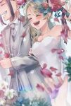  1boy 1girl :d ^_^ bangs black_hair blonde_hair blush bouquet closed_eyes collared_shirt couple cowboy_shot dress dress_shirt earrings falling_petals grey_necktie grey_pants grey_suit grey_vest hand_up hetero highres holding holding_bouquet jewelry long_hair maco_(crea-0328) necktie open_mouth pants petals pov pov_hands profile ryuuguuji_ken sano_emma shirt single_earring smile sparkle standing tokyo_revengers v vest wedding wedding_dress white_dress 