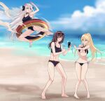  3girls absurdres annoyed bare_legs bare_shoulders barefoot beach bikini black_bikini black_swimsuit blonde_hair blood blush breasts brown_eyes brown_hair cleavage collarbone competition_swimsuit covering covering_breasts earrings eyebrows_visible_through_hair eyewear_on_head female_commander_(girls&#039;_frontline) full_body girls&#039;_frontline green_eyes hair_ribbon highres holding holding_phone jewelry kar98k_(girls&#039;_frontline) legs long_hair looking_at_another medium_breasts multiple_girls navel nosebleed ocean one-piece_swimsuit open_mouth phone ponytail red_eyes ribbon sand silver_hair soles standing stg44_(girls&#039;_frontline) stomach summer suprii swimsuit toes 