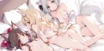  3girls animal_ear_fluff animal_ears ass bed_sheet black_hair blonde_hair bow breasts brown_eyes collarbone commentary_request extra_ears eyebrows_visible_through_hair fox_ears fox_girl fox_tail green_eyes hair_bow hakurei_reimu hand_on_another&#039;s_ass highres ke-ta kemonomimi_mode kirisame_marisa konpaku_youmu long_hair looking_at_viewer lying multiple_girls nipples nude on_back on_side on_stomach panties red_bow shirt short_hair silver_hair small_breasts tail touhou underwear white_panties white_shirt 
