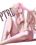  1girl absurdres blonde_hair blush breasts character_name closed_mouth earrings eyebrows_visible_through_hair finger_to_mouth from_side girls&#039;_frontline hand_on_floor highres jewelry large_breasts lips long_hair looking_at_viewer mole mole_under_eye nipples nude ohc. on_floor ptrd_(girls&#039;_frontline) purple_eyes sitting solo white_background 