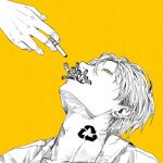  1boy adam&#039;s_apple arrow_(symbol) cigarette commentary_request earrings highres jewelry kamomiland limited_palette looking_up male_focus mole mole_under_eye original portrait recycling_symbol short_hair solo_focus spot_color yellow_background yellow_eyes yellow_theme 